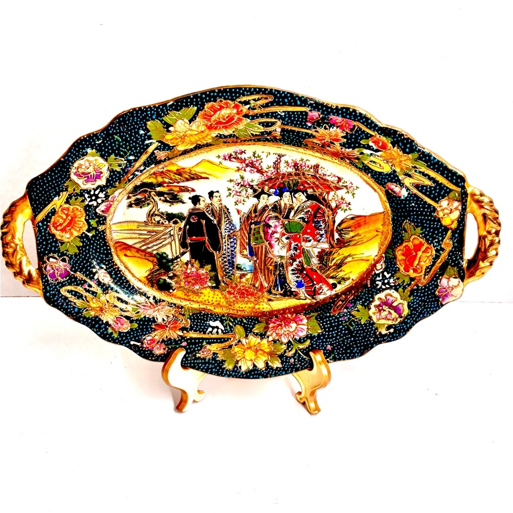 Vintage Japanese Royal Satsuma Handpainted Porcelain Dish Moriage Decorated